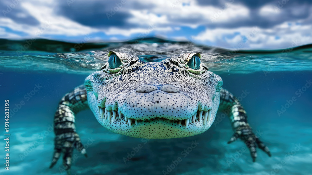 custom made wallpaper toronto digitalAn alligator swimming in crystal-clear water with the sky reflected in it. The alligator's eyes look directly towards the camera, and it seems to be floating through the water AI Generative