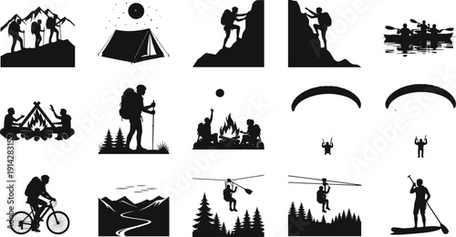 Outdoor adventure hiking camping climbing kayaking paragliding zipline fun flat vectorOutdoor adventure hiking camping climbing kayaking paragliding zipline fun flat vector