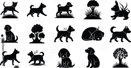 Dogs silhouettes various poses nature trees bushes playful flat vector