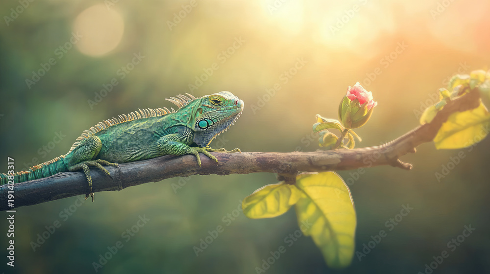 custom made wallpaper toronto digitalA vibrant green iguana perched on a tree branch, bathed in soft sunlight near a blooming flower AI Generative