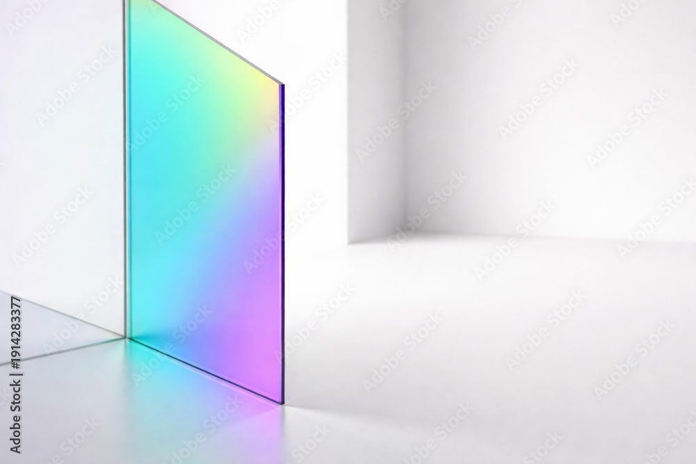 Fototapeta premium Light Interacts With a Clear Surface Creating Colorful Reflections in a Minimalist Space With Walls and Floor