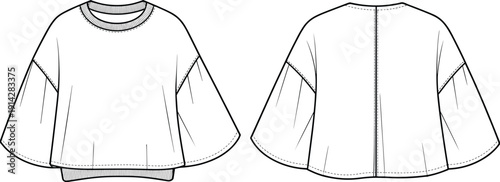 Technical fashion flat sketch of a women's oversized cropped sweatshirt with bell sleeves and ribbed trim, showing front and back views for apparel design.