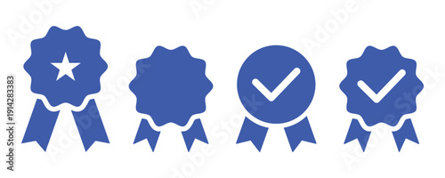 Approval check big icon set. Verified, certified, medal, correct mark, award ribbon, badge, quality certify sign vector 
