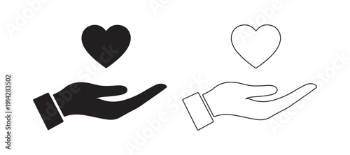 Hands holding heart icon set for love, health and healthcare in flat and line style vector