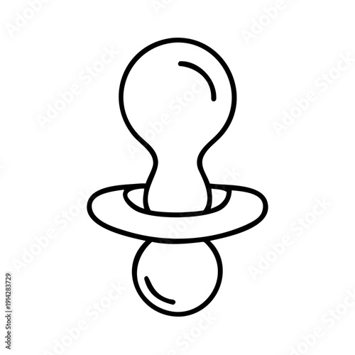 Minimalist hand-drawn pacifier icon in black line art. Cartoon style pacifier icon depicts infant care, newborn comfort, and baby essentials. This clear pacifier icon suits web graphics, app designs.