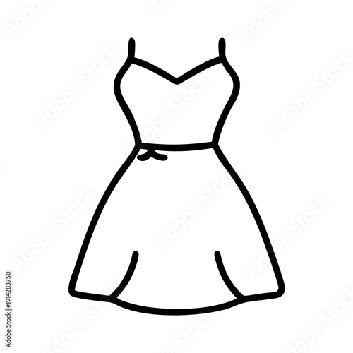 Minimalist summer dress icon, hand drawn with elegant black line art. This simple summer dress icon features a strappy bodice and flared skirt, ideal for fashion design resources.