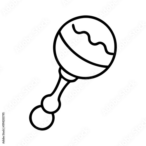Minimalist hand-drawn cartoon-style baby rattle icon, featuring simple black line art outline. This charming baby rattle icon is perfect for illustrating childhood playthings, newborn items.