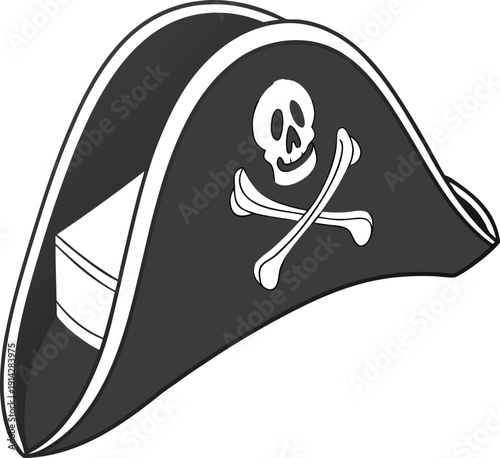 Classic Black Pirate Tricorn Hat with Skull and Crossbones Symbol