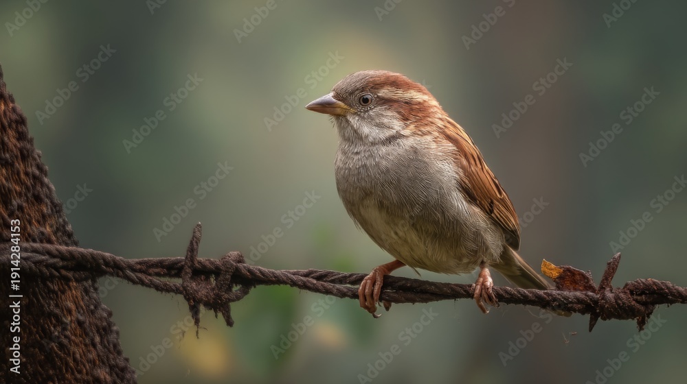 Fototapeta premium Close-Up of a Sparrow Perched on a Twisted Rope Against a Softly Blurred Background in Nature, Capturing Birdwatching Moments and Wildlife Beauty