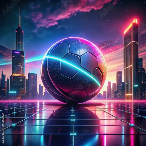 Soccer ball with neon glow in futuristic cityscape at night with skyscrapers