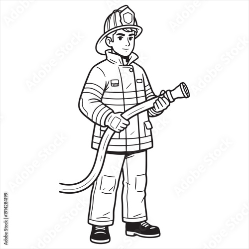 Cartoon Firefighter with Hose Black and White Drawing