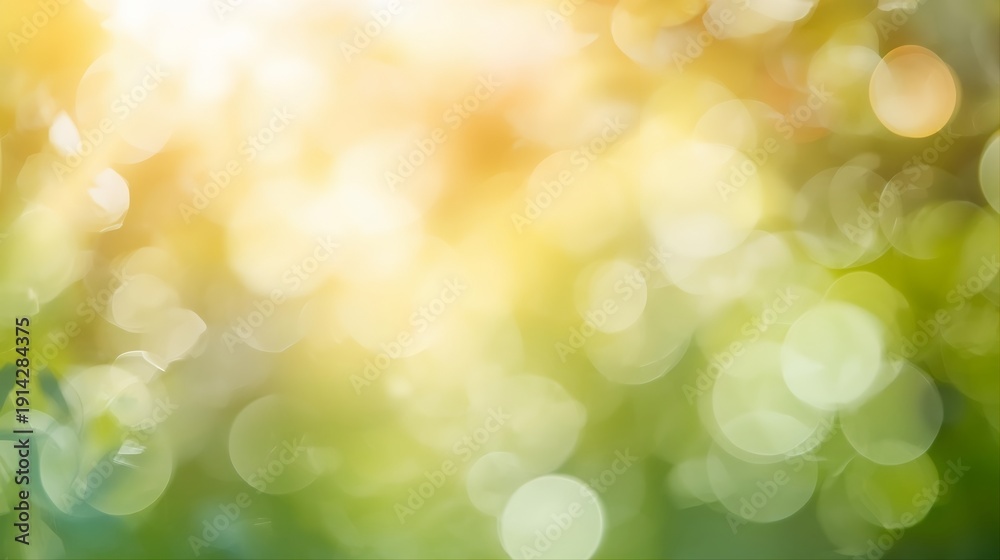 Fototapeta premium Dreamy defocused nature background with soft yellow-green bokeh circles and warm sunlight glow. Versatile blurred backdrop perfect for text overlay, product presentation, seasonal design projects.