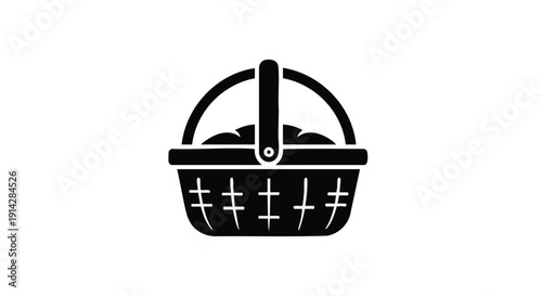Picnic Basket Silhouette Icon Isolated on White Background