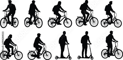 Bicycle scooter rider silhouette icon set, urban mobility illustration, vector graphic, commuting symbol, backpack transport, flat vector