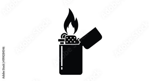Cigarette Lighter Silhouette Icon with Flame Isolated on White Background