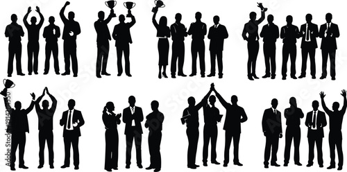 Business celebration silhouette icon set, corporate success illustration, vector graphic, teamwork achievement symbol, trophy recognition, flat vector