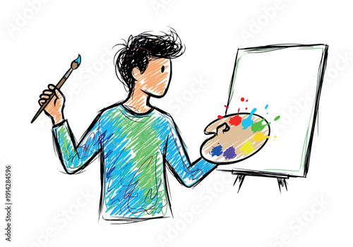Young Artist Painting on Easel with Palette and Brush Captures Creative Expression
