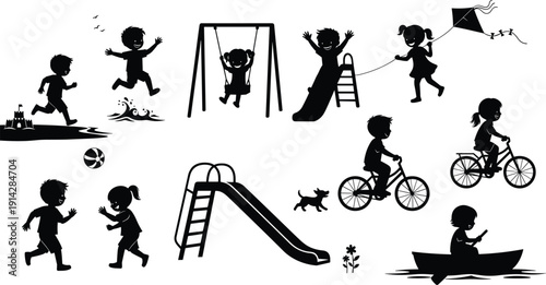 Children silhouette vector outdoor play, running, cycling, kite, swing, slide, ball, boat, dog, fun, recreation, flat vector