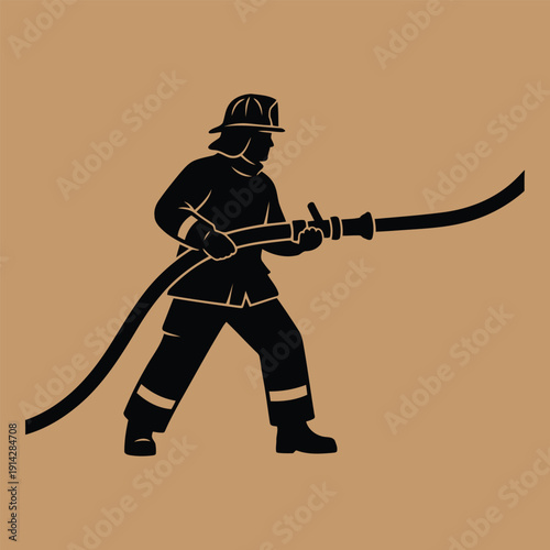 Black Silhouette of a Brave Firefighter Holding a Water Hose.