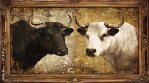 Elegant picture of two bulls in a framed setting AI Generative