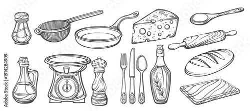 Vintage kitchen set with cookware, tableware and food elements. Frying pan, sieve, rolling pin, cheese, bread, oil bottle, scales, cutlery and utensils in engraved outline style. Vector illustration