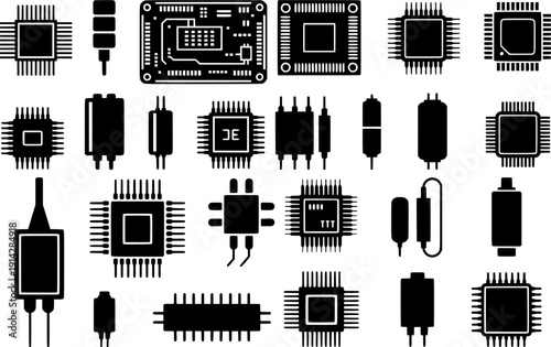 Vector set of microchips, processors and electronic components. Black semiconductor and circuit board icons isolated on white background.