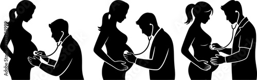 Vector silhouette set of pregnant woman during prenatal medical checkup. Doctor examining expectant mother with stethoscope. Maternity and healthcare concept.