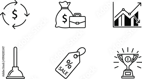 Business finance line icons set showing money flow investment growth sales discount plunger trophy success analytics marketing strategy icons illustration