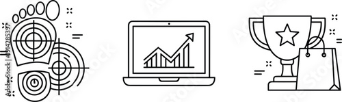 Business growth and target marketing line icons, analytics dashboard, achievement trophy, ecommerce success vector illustration