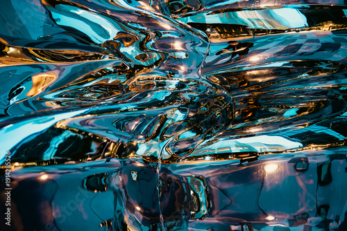 Liquid chrome metallic texture with reflective futuristic design and distorted abstract surface, Glossy fluid metal background with neon reflections and cyberpunk style pattern