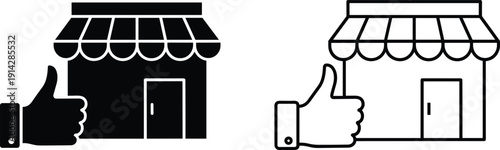 Business storefront approval icons, showing thumbs up rating customer feedback retail shop trust concept vector illustration marketing ecommerce branding design