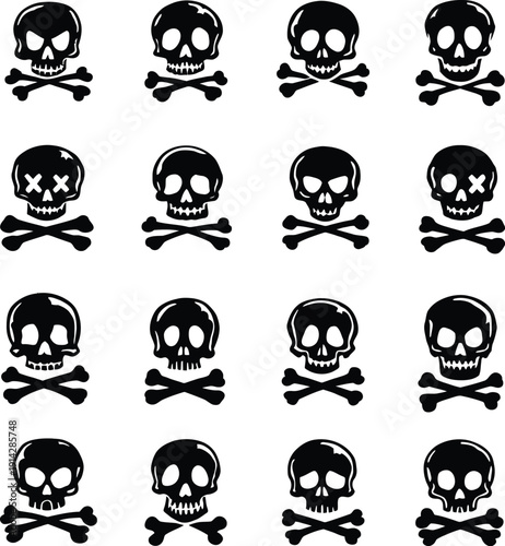 A pattern of skulls and crossbones on a white background silhouette