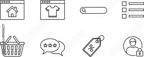Ecommerce line icons set with shopping cart, user account, discount tag, rating review, search bar, online store vector illustration