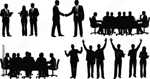 Business office silhouette icon set, corporate teamwork illustration, vector graphic, meeting collaboration symbol, handshake agreement, flat vector