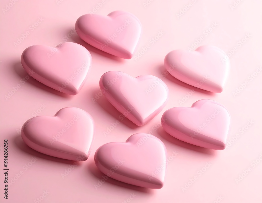 Fototapeta premium Angled Perspective of Scattered Pink Hearts on a Gentle Pastel Background, Wide Compo