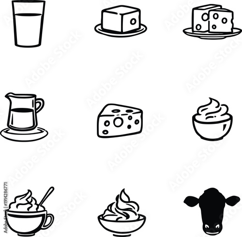 A black and white illustration of various dairy products and a cow silhouette