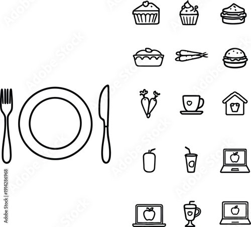A minimalist illustration of food and drink icons with utensils and electronics silhouette