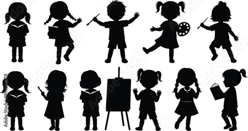 Children creative silhouette icon set, art learning illustration, vector graphic, school activity symbol, reading painting play, flat vector
