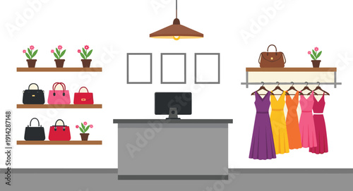 Modern fashion boutique interior with colorful dresses, stylish handbags display, retail clothing store counter, minimalist shop illustration design