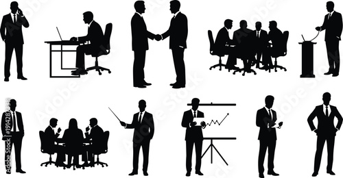 Business silhouette icon set, corporate activity illustration, vector graphic, teamwork symbol, meeting presentation, leadership role, flat vector