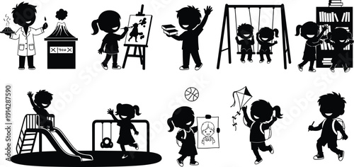 Children activity silhouette icon set, school playground illustration, vector graphic, learning symbol, creative play, flat vector