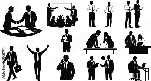 Business office meeting handshake presentation teamwork communication collaboration success laptop documents corporate work flat vector