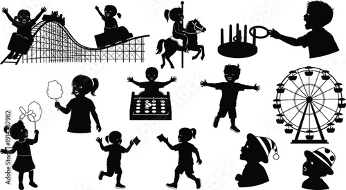 Children carnival amusement park roller coaster carousel Ferris wheel fun flat vector