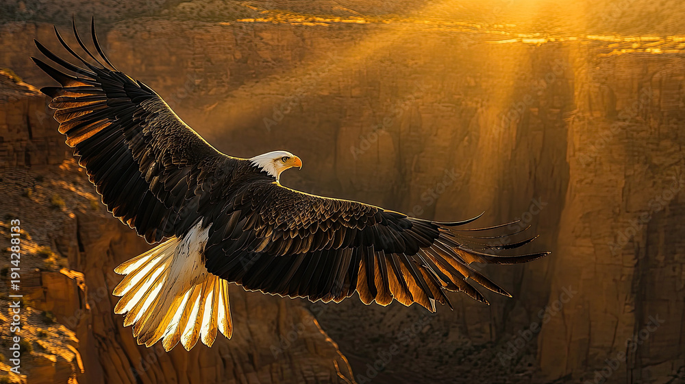 custom made wallpaper toronto digitalAn eagle soaring majestically through a canyon. The eagle has outstretched wings, showcasing the majestic flight with the sunlight shining and creating a warm glow around it AI Generative