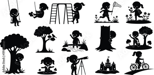 Children playground outdoor nature play exploration fun activities flat vector