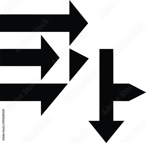 minimalist black directional arrow icon with four right pointers and one downward pointer