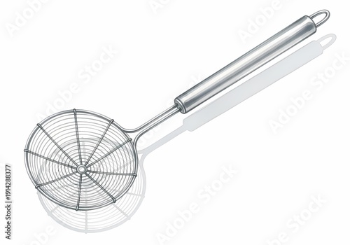 Stainless steel skimmer with fine mesh and long handle for cooking.