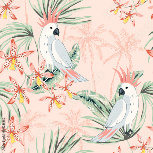 Tropical cockatoo parrots, orchid flowers, palm leaves, trees silhouettes, blush pink background. Seamless pattern. Vector illustration. Exotic plants, birds. Summer beach design. Paradise nature