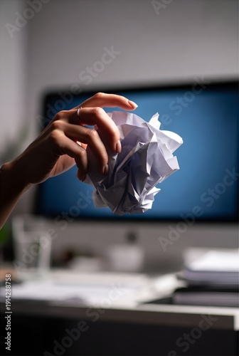 Main froissant une feuille de papier devant un écran pour exprimer le concept d'échec créatif et de frustration au travail