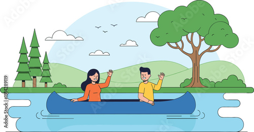 People kayaking on river vector illustration with nature landscape, flat outdoor recreation scene for adventure travel, leisure activities, and lifestyle designs